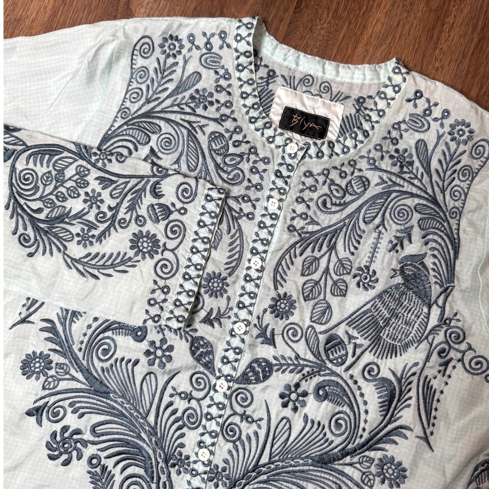 BIYA JW Womens Silk Embroidered Tunic Top‎ Bird MINT GREEN L Luxury